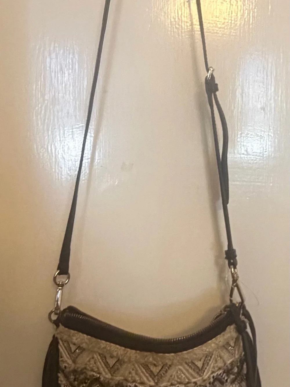Rebecca Minkoff Boho Embellished Fringe Crossbody Bag in Black and Cream